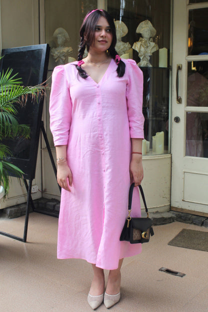 Pink Pure Linen Backless Button-Down Dress