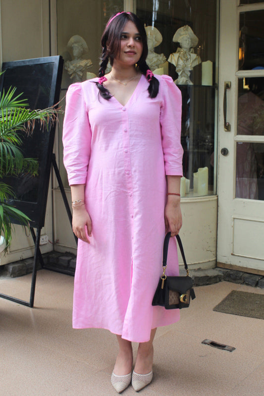 Pink Pure Linen Backless Button-Down Dress