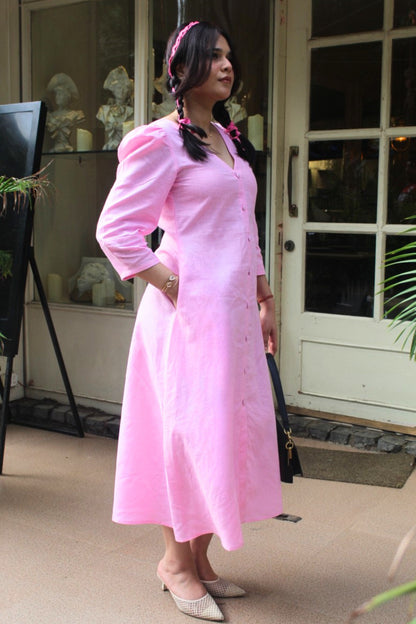 Pink Pure Linen Backless Button-Down Dress