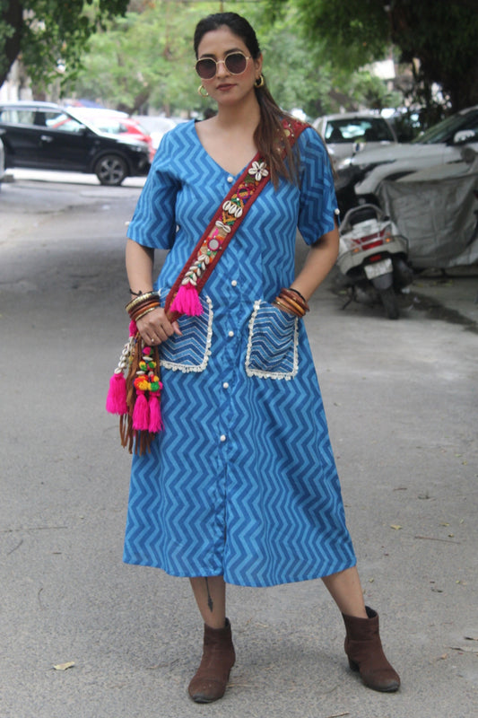 HAND BLOCK PRINTED COTTON SHIRT DRESS