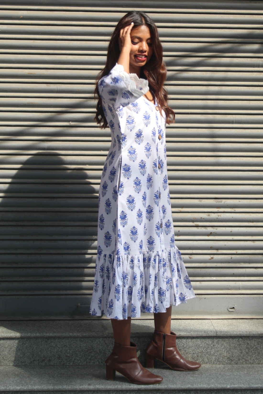 HAND BLOCK PRINTED COTTON DRESS WITH MUL LINING