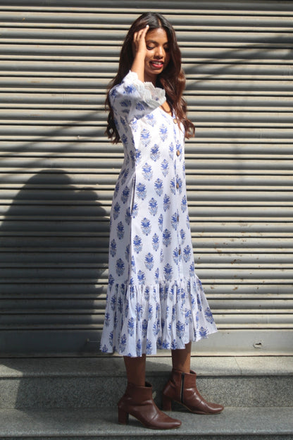 HAND BLOCK PRINTED COTTON DRESS WITH MUL LINING