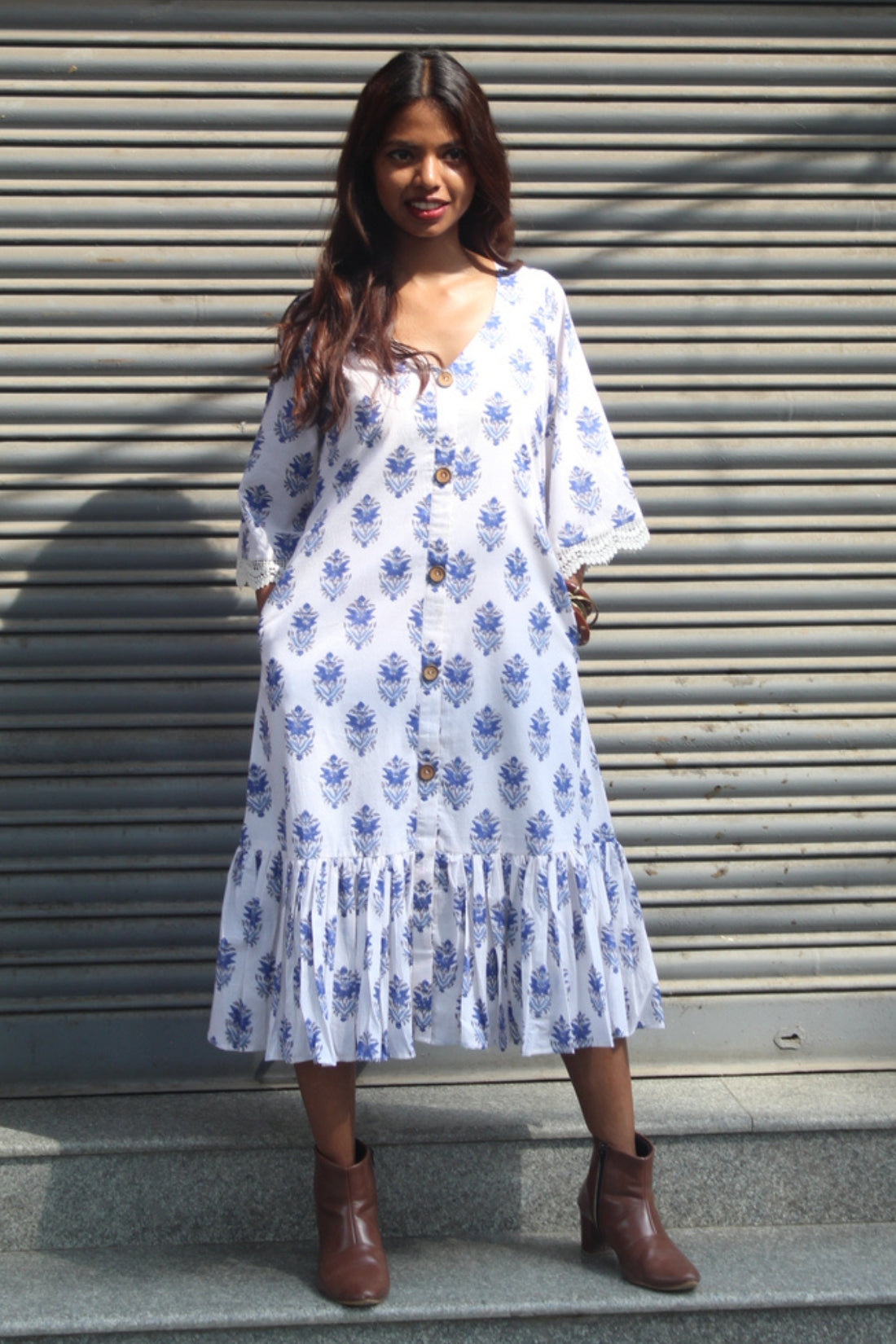 HAND BLOCK PRINTED COTTON DRESS WITH MUL LINING