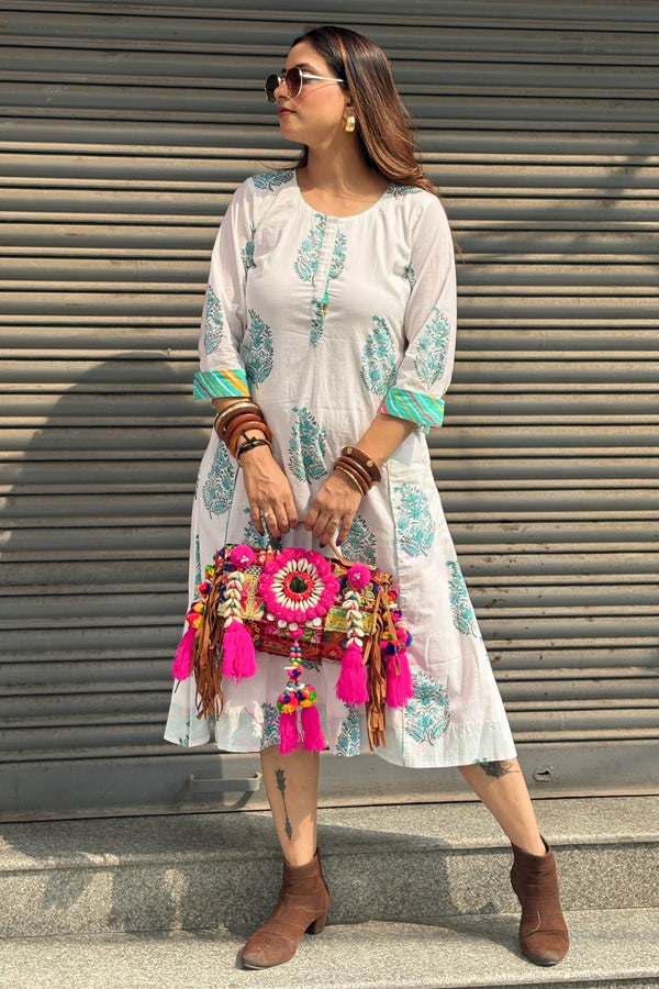 HAND BLOCK PRINTED DRESS WITH MUL LINING