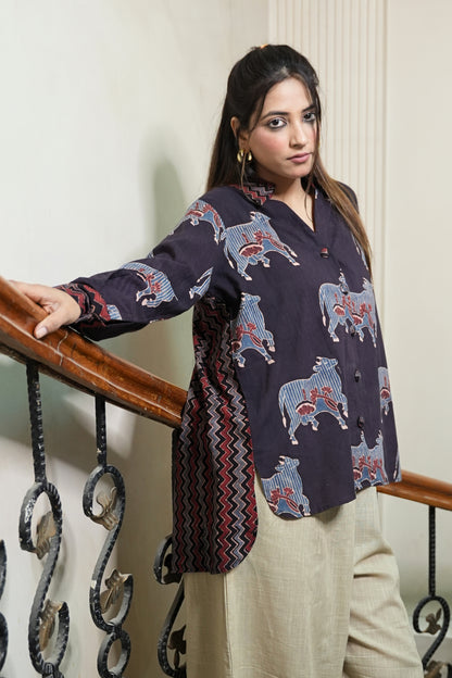 MIDNIGHT AJRAKH COW PRINT SHIRT
