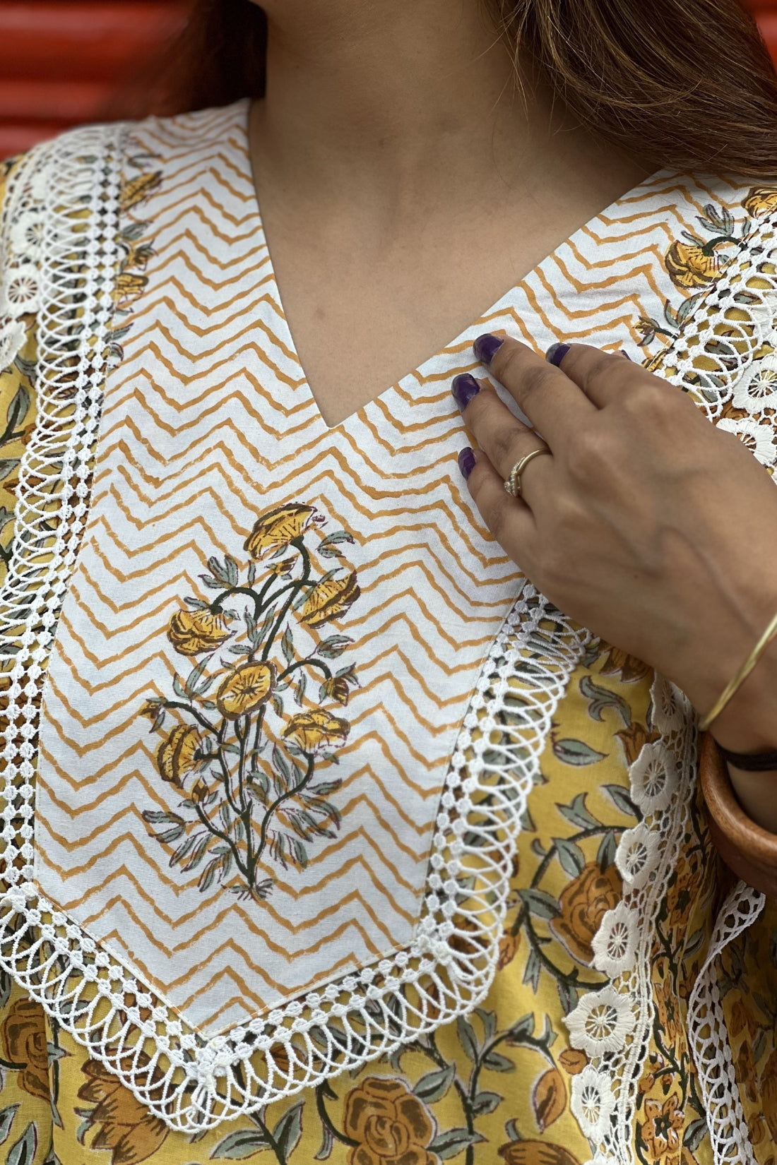 HAND BLOCK PRINTED KALIDAR KURTA SET WITH LACE DETAILING