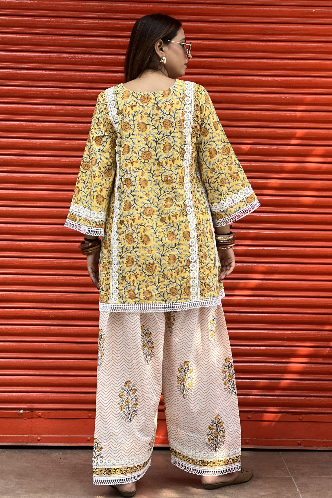HAND BLOCK PRINTED KALIDAR KURTA SET WITH LACE DETAILING