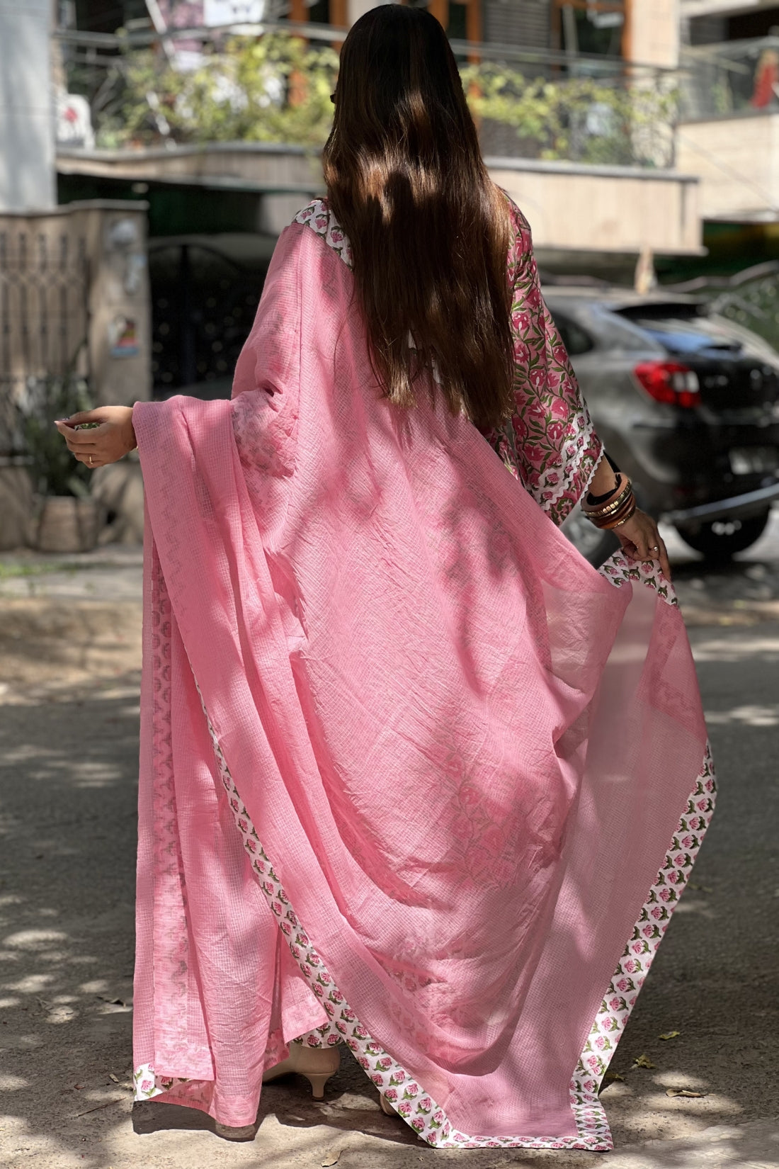 HAND BLOCK PRINTED SUIT SET WITH LACE DETAILING