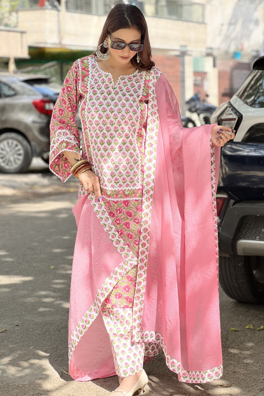 HAND BLOCK PRINTED SUIT SET WITH LACE DETAILING