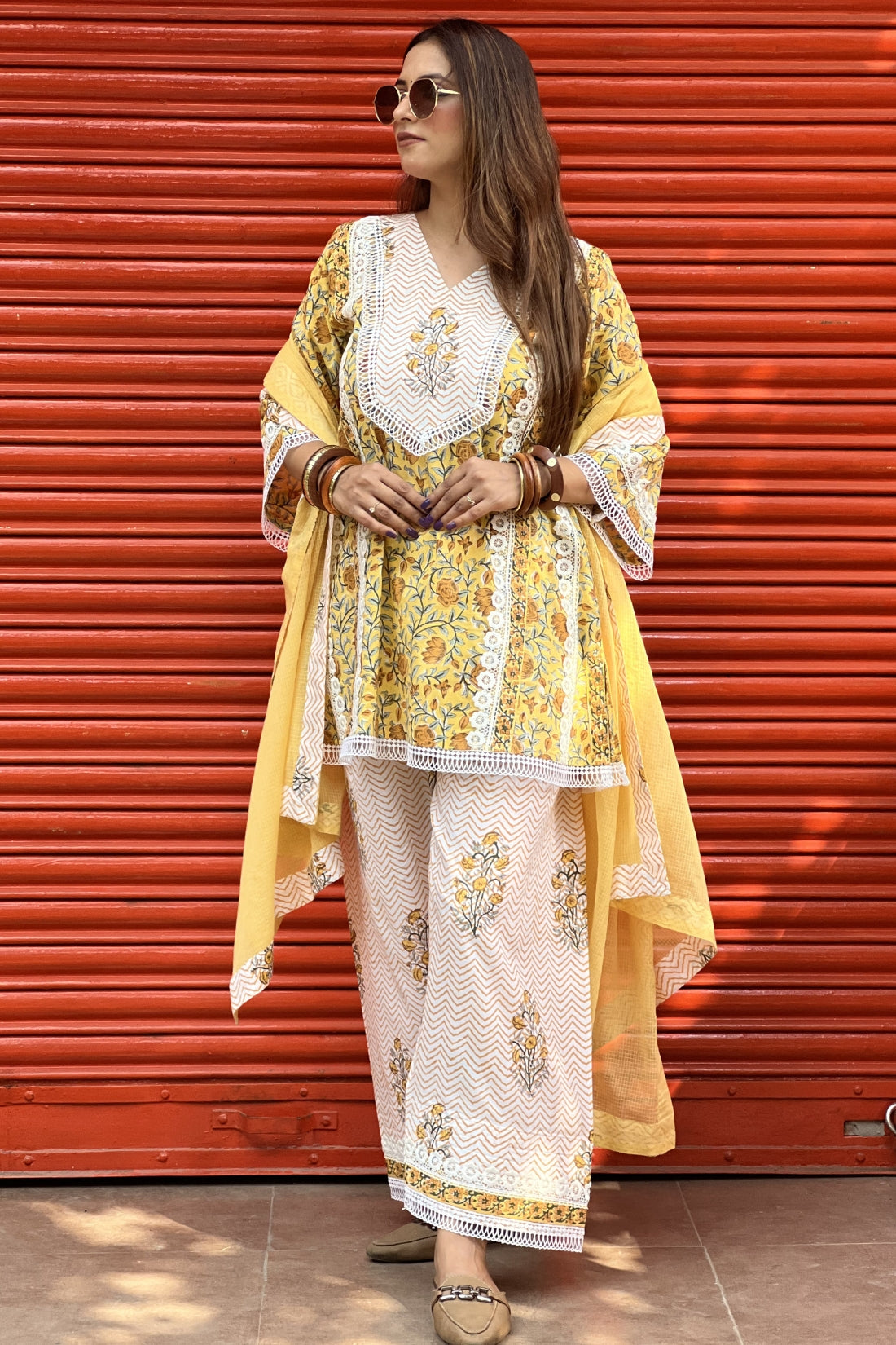 HAND BLOCK PRINTED KALIDAR SUIT SET WITH LACE DETAILING