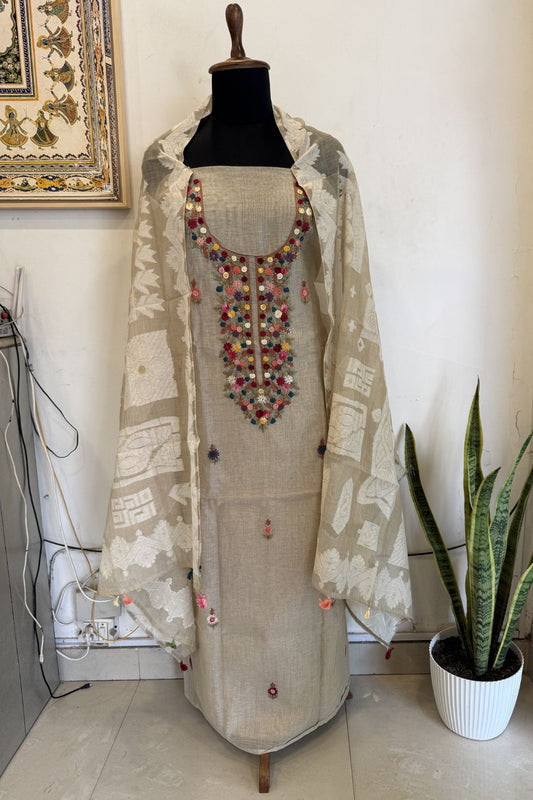 HANDLOOM CHANDERI UNSTITCHED SUIT SET
