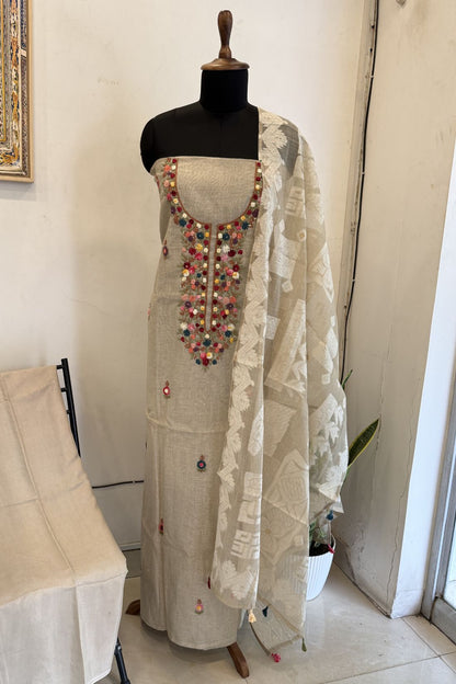 HANDLOOM CHANDERI UNSTITCHED SUIT SET