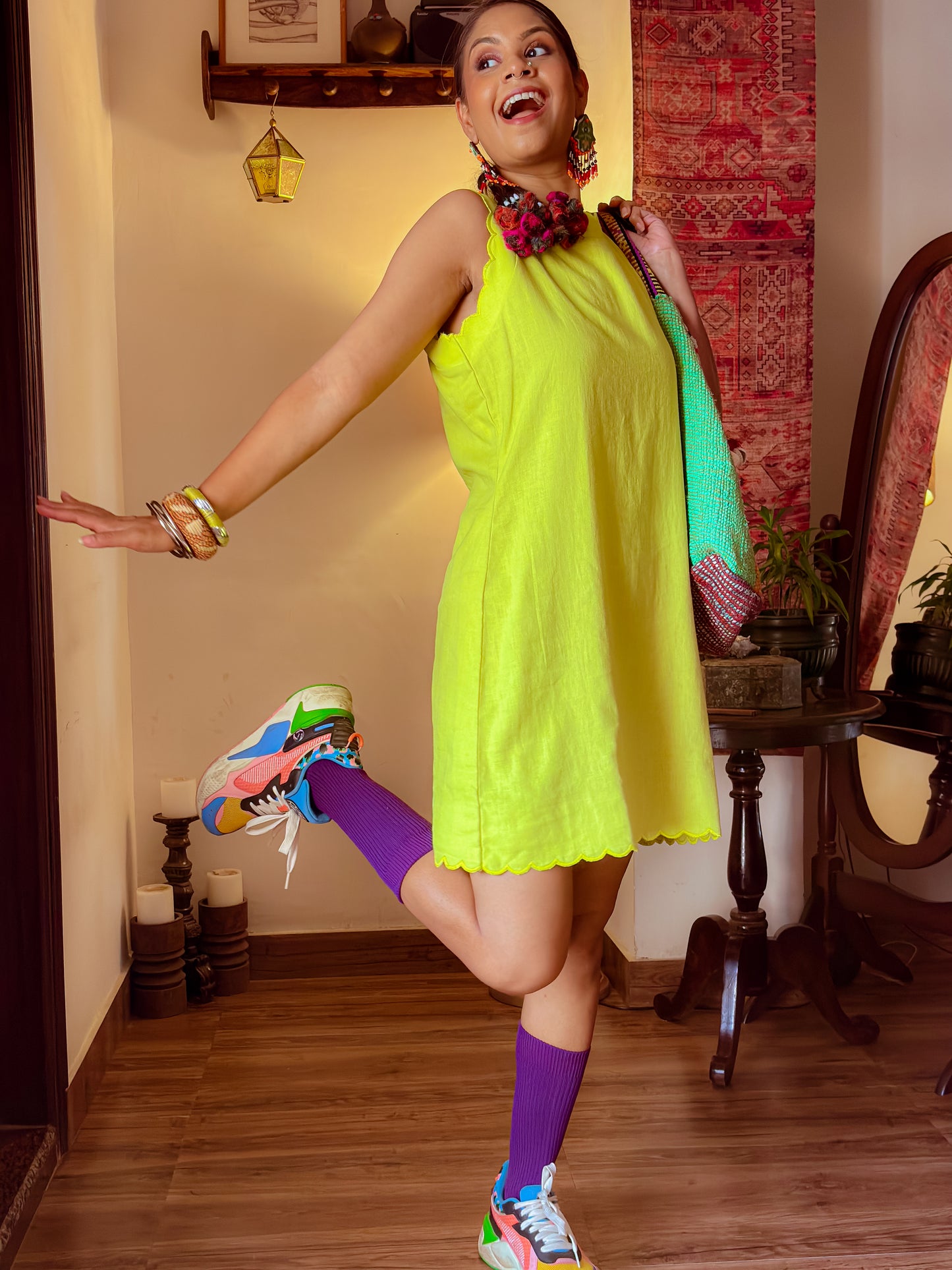 Neon Green Pure Linen Dress