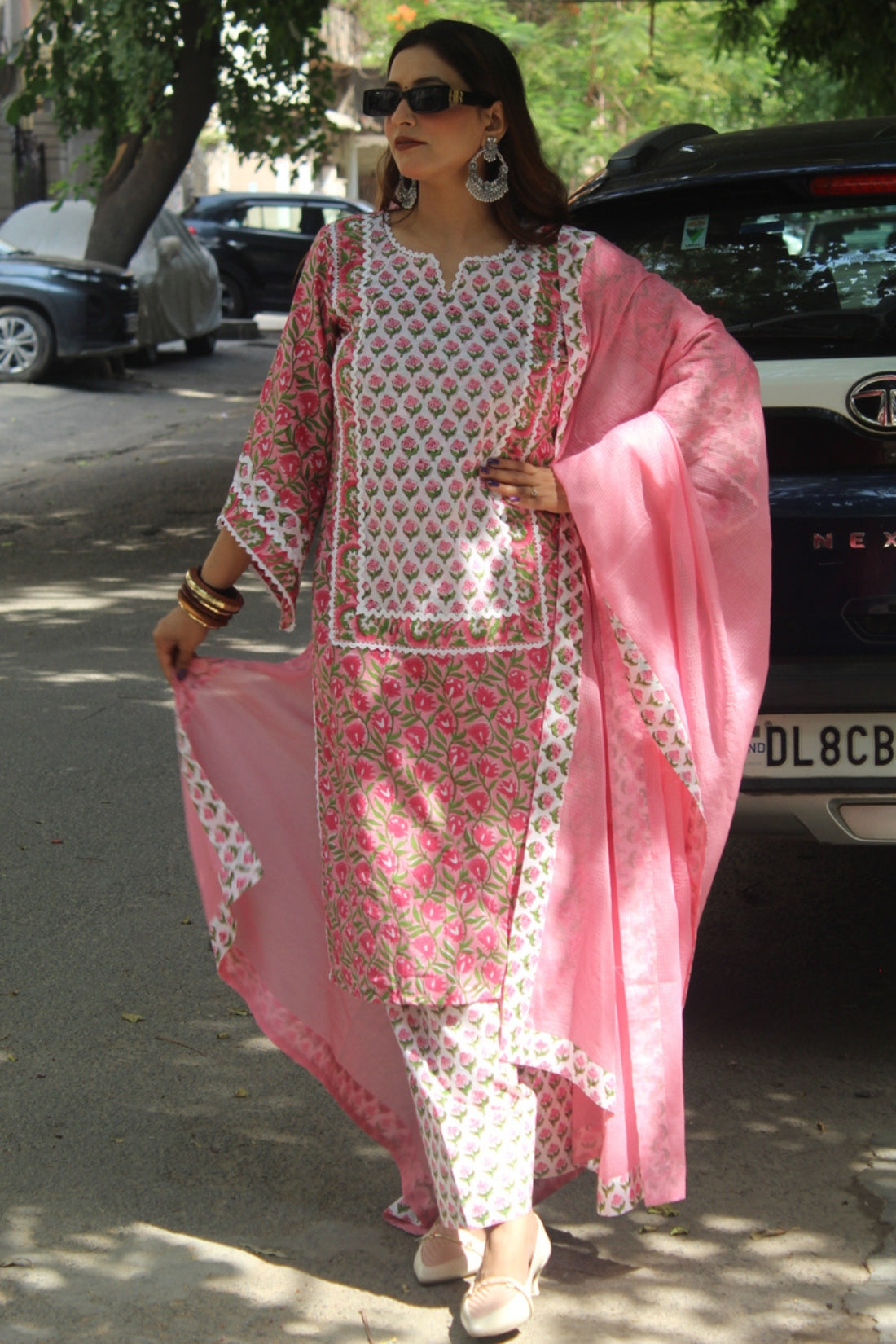 HAND BLOCK PRINTED SUIT SET WITH LACE DETAILING